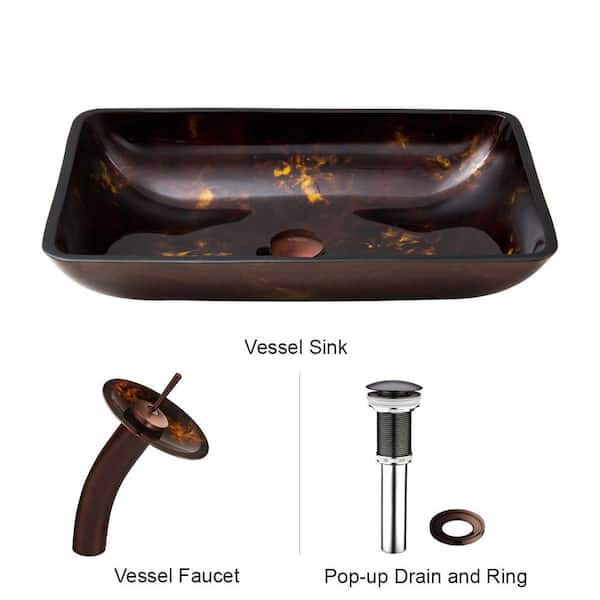 VIGO Glass Rectangular Vessel Bathroom Sink in Brown/Gold Fusion with Waterfall Faucet and Pop-Up Drain in Oil Rubbed Bronze