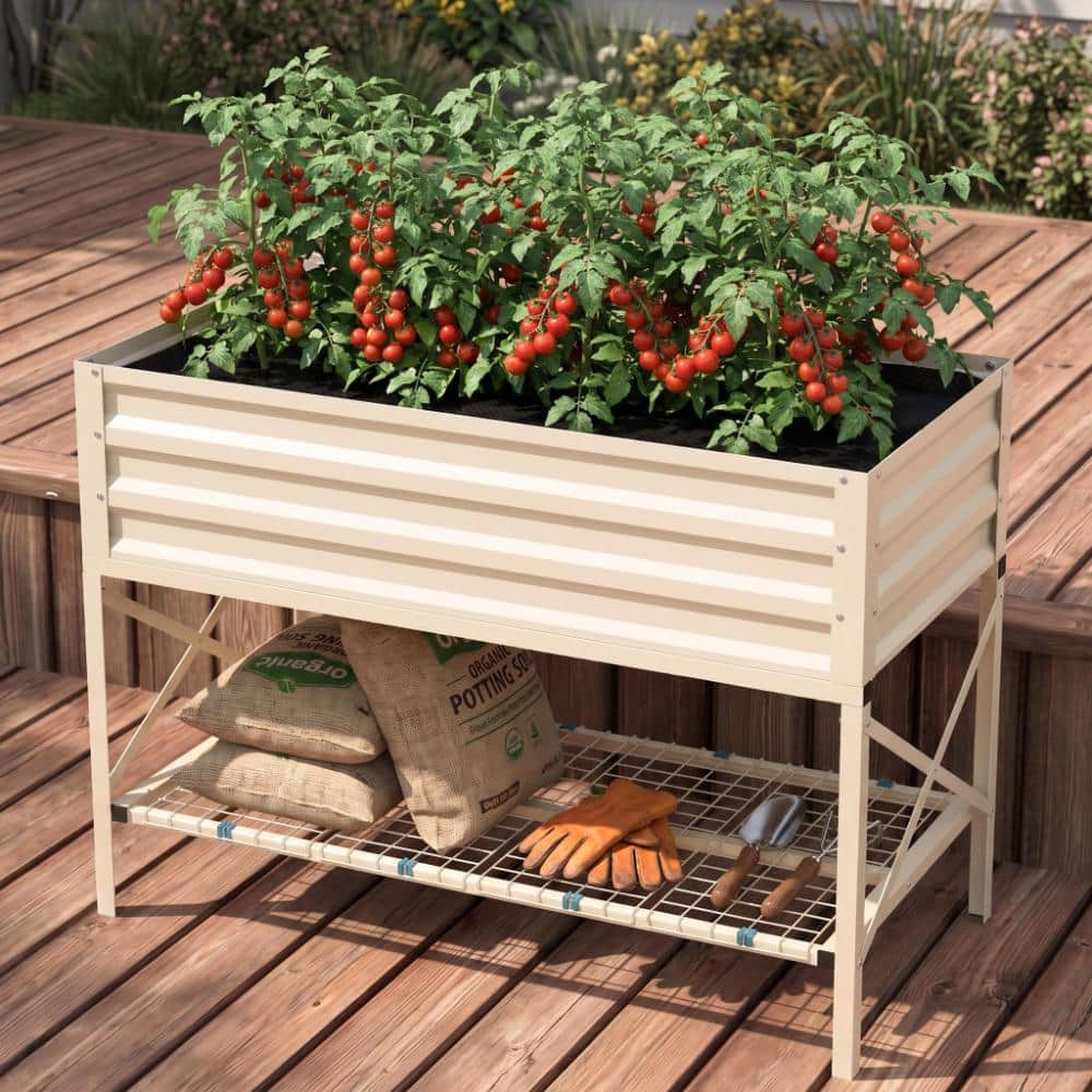 Cream Galvanized Steel Raised Garden Bed with Storage Shelf and Bed Liner for Vegetables, Flowers, Herbs price history on PriceWatchPro
