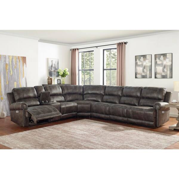 NEW CLASSIC HOME FURNISHINGS New Classic Furniture Terra 123 in. Round Arm 4-piece Faux Leather Power Sectional in Walnut