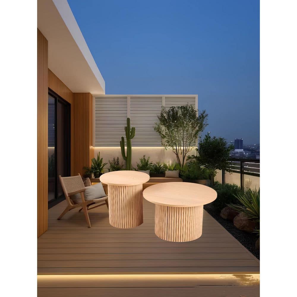 Oak Wood Veneer Tabletop Set of 2-Round Coffee Tables with Metal Base