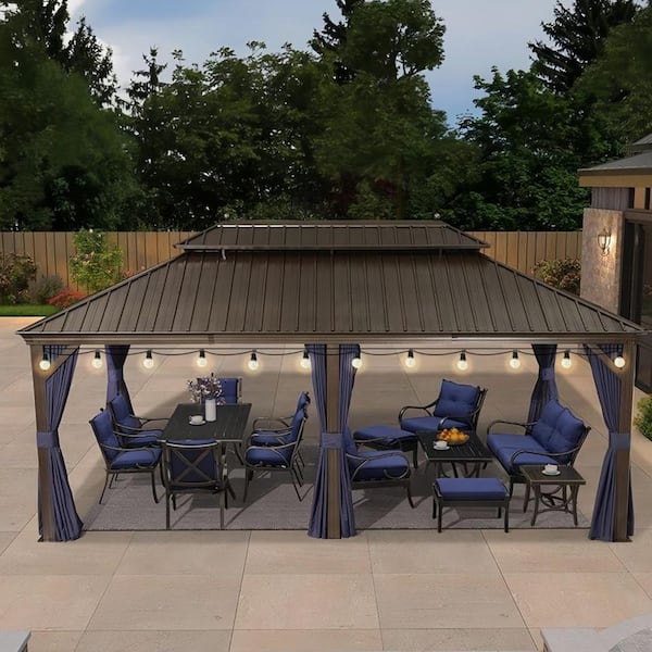 12 ft. x 20 ft. Bronze Patio Outdoor Gazebo for Backyard Hardtop Aluminum Frame Hooks, Netting, Blue Curtain,36-Lights