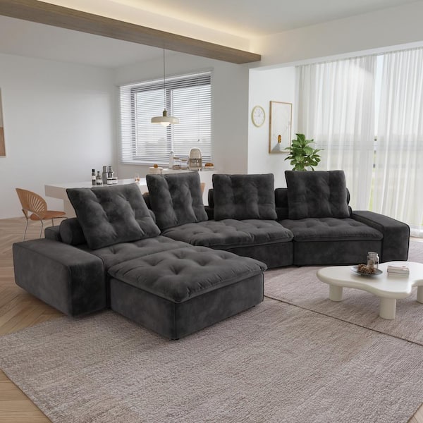 Cabriole Miami 162 in. Square Arm Oversized 4-Seat Velvet Modular Cloud Sectional Sofa with Adjustable Backrest in Gray