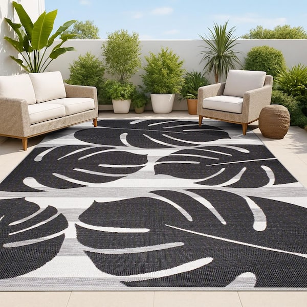 Allison Classic Beach Stripe and Monstera Leaf Black/Gray 8 ft. x 10 ft. Indoor/Outdoor Area Rug