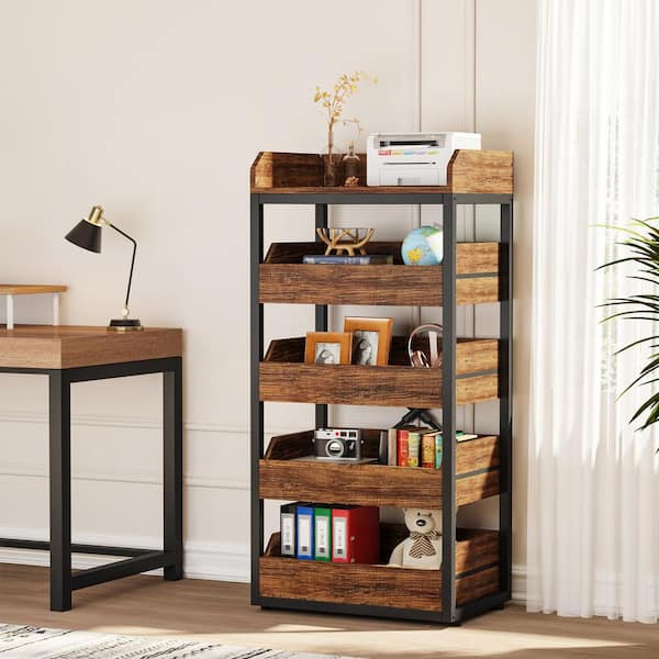 Rustic Brown Wood 24 in. Pantry Cabinet with Pull-Out Snack Stand, 5 Tier Storage Cabinet Living Room, Kitchen, Home