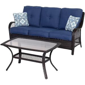 Orleans Brown 2-Piece All-Weather Wicker Patio Conversation Set with Navy Blue Cushions