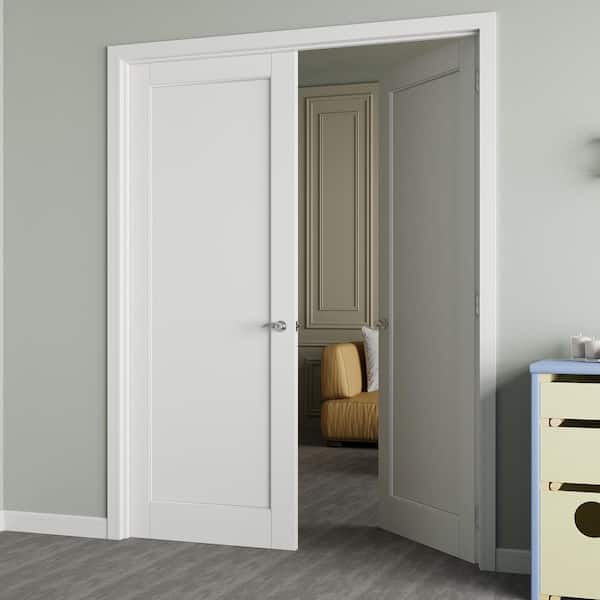 60 in. x 80 in. 1-Paneled Blank Universal-Hand White Solid Core Wood Double Prehung Interior Door+ Quick Assemble Jamb
