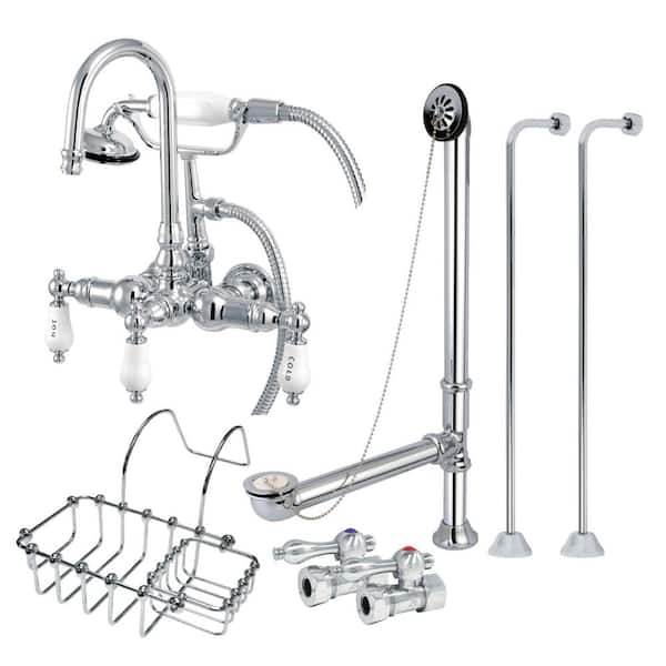 Vintage 3-Handle Wall Mount Claw Foot Tub Faucet with Supply Line and Drain in Polished Chrome