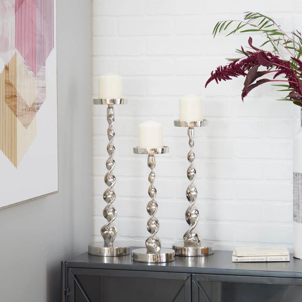 Silver Polished Aluminum Pillar Candlestick Set of Three