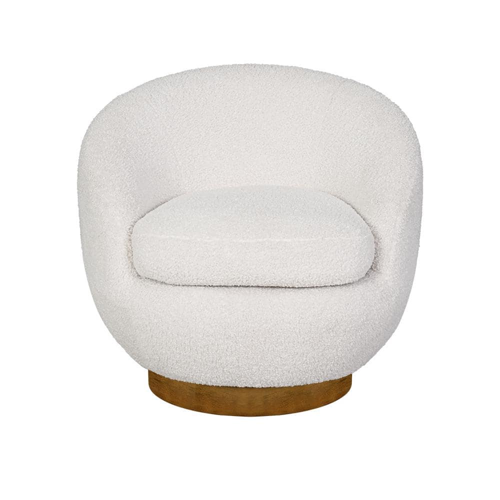 Cream Sherpa Barrel Swivel Chair with Wood Base