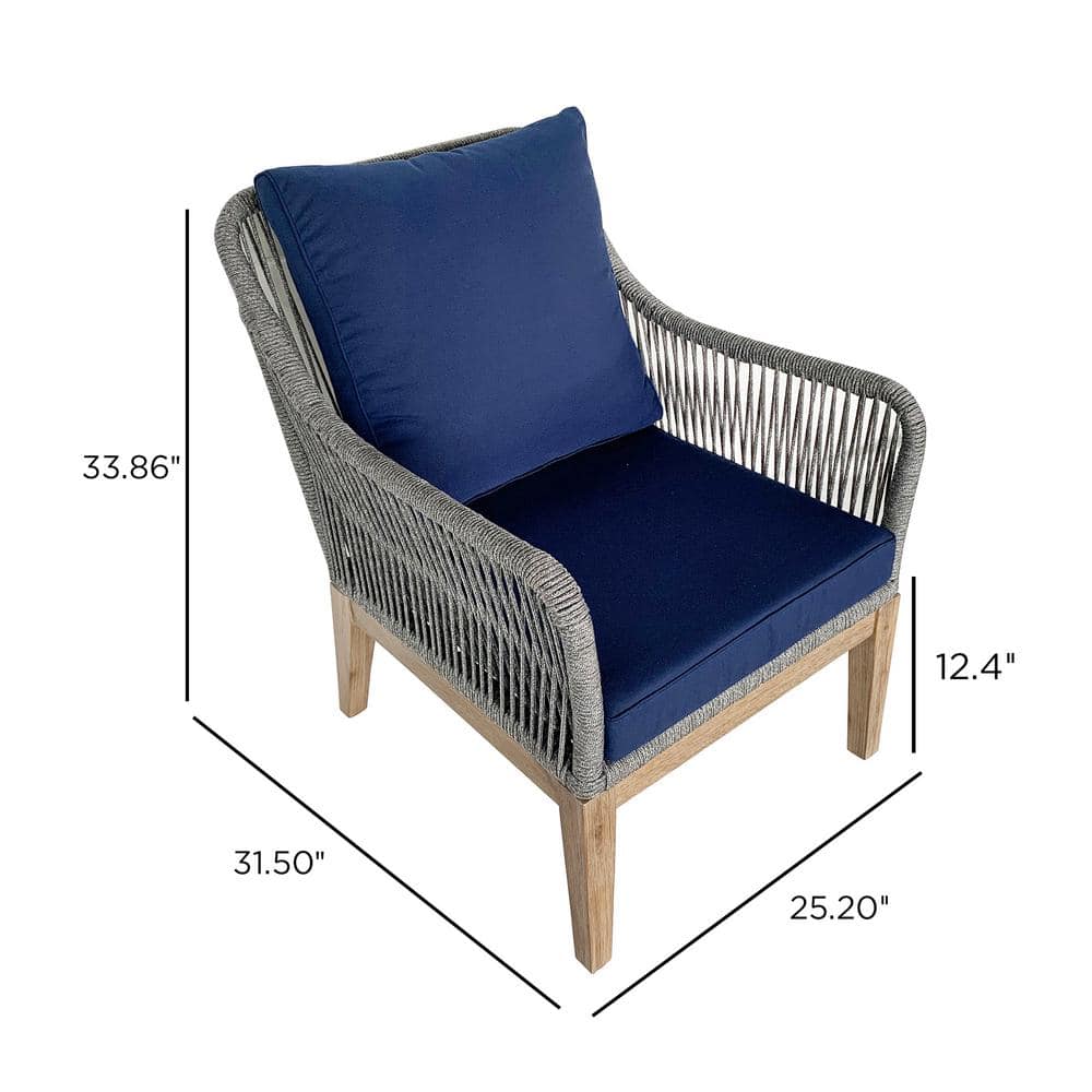 Navy Cushioned Acacia Wood Rope Patio Chair Set