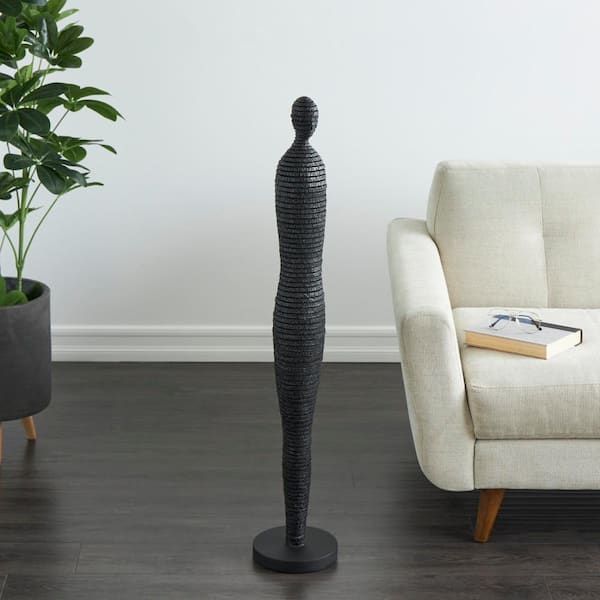 Black Polystone Tall Slim Figure People Sculpture with Ribbed Body and Glitter Accents