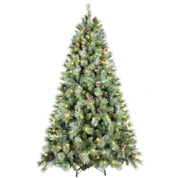 9 ft. Christmas Tree with 700 Warm White LED Lights, 2518 Tips, 122 Pine Cones, Hinged Branch Design, Sturdy Metal Stand