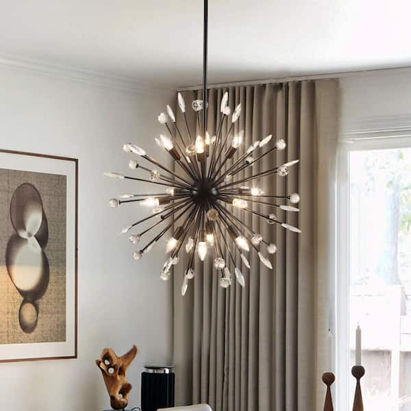 LLHZSY 31.49 in. 12-Light Black Sputnik Sphere Starburst Chandelier with Crystal Accents