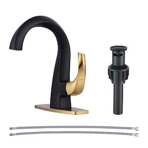 Solid Brass 4-in Single Handle High Arc Bathroom Faucet with Deckplate and Drain Kit Included in Black and Gold