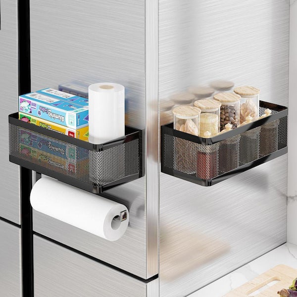 Magnetic Mount Black 2-in-1 Spice Rack and Paper Towel Holder Set for Kitchen Fridge and Washing Machine