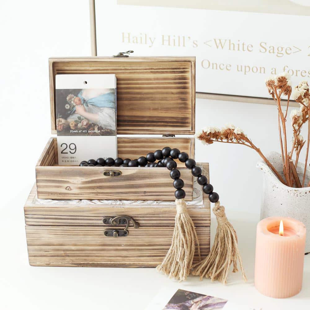 Light Brown and White Pine Wood Decorative Box Set with Hinged Lids