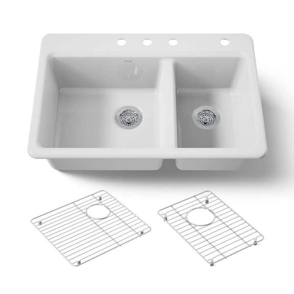 Riverby 33 in. Drop-in Double Bowl White Cast Iron Kitchen Sink with Basin Rack Included