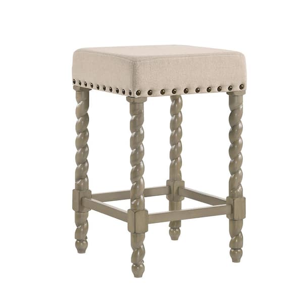 CAROLINA CLASSIC Remick 24 in. Weathered Gray Barley Twist Upholstered Stool