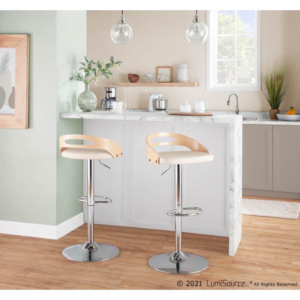 Natural Wood and Cream Faux Leather Adjustable Swivel Barstool