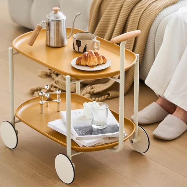 Unbranded Ginger Movable Small Pushcar Serving Cart with Double-layer Storage and Wheels