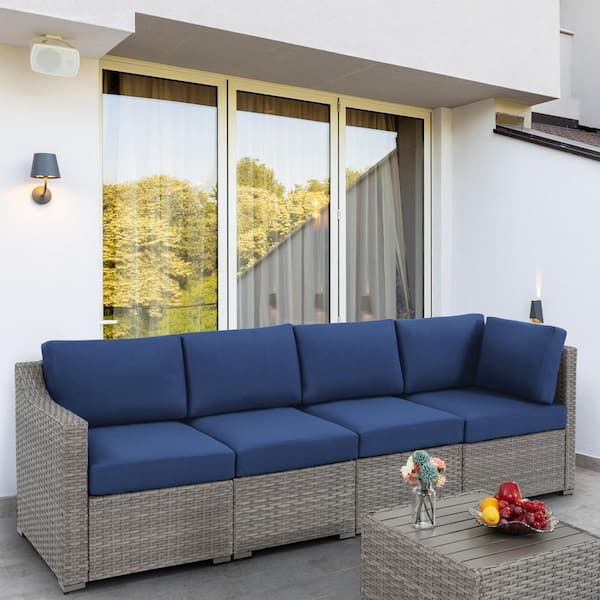 EGEIROSLIFE 5-Piece Wicker Patio Conversation Set with Blue Cushions