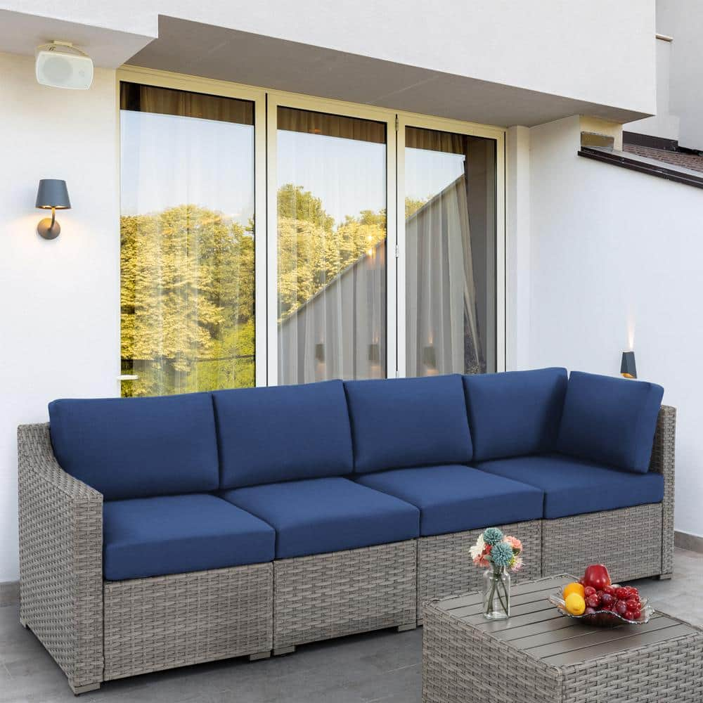 EGEIROSLIFE 5-Piece Wicker Patio Conversation Set with Blue Cushions