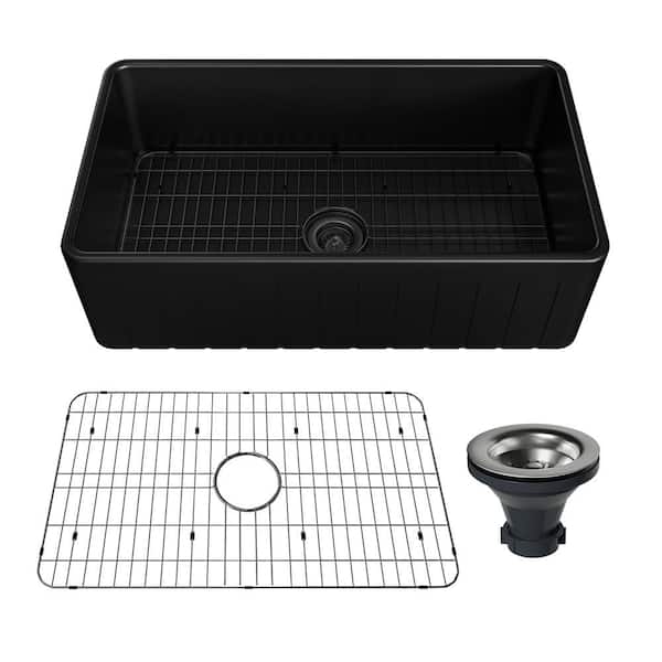 33 in. Farmhouse/Apron-Front Single Bowl Black Fireclay Kitchen Sink with Bottom Grid and Strainer Drain
