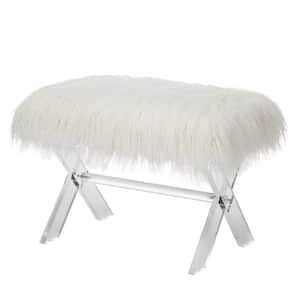 25.6 in. White Faux Fur Upholstered Bench with Acrylic X-Leg