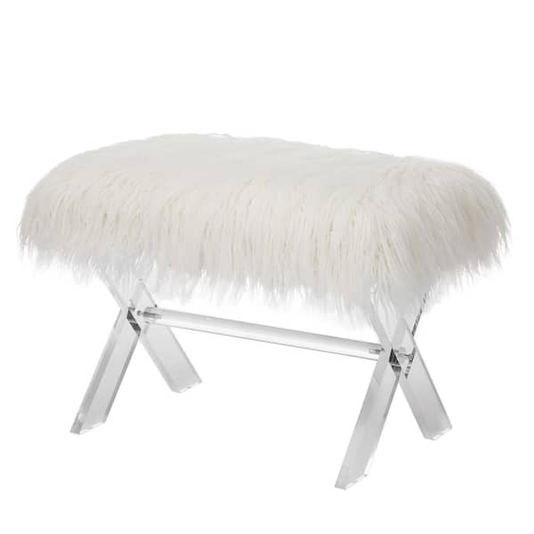 Glitzhome 25.6 in. White Faux Fur Upholstered Bench with Acrylic X-Leg