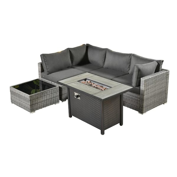 Daffodil J Gray 6-Piece Wicker Patio Outdoor Conversation Sofa Set with Gas Fire Pit and Black Cushions
