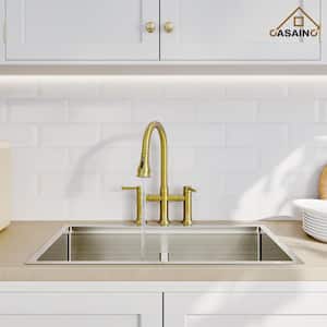 Double Handle Bridge Kitchen Faucet with 3-Function Pull-Down Spray Head in Brushed Gold