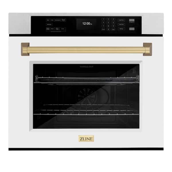 ZLINE Kitchen and Bath 30 in. Autograph Single Wall Oven with Air Fry and Self Clean in Satin Steel with White Doors and Bronze Handle