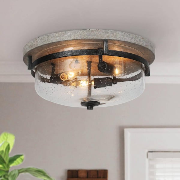 Unbranded The 13.5 in. 3-Light Farmhouse Rustic Slategray and Antique Brushed Silver Flush Mount Ceiling Light with Seeded Glass