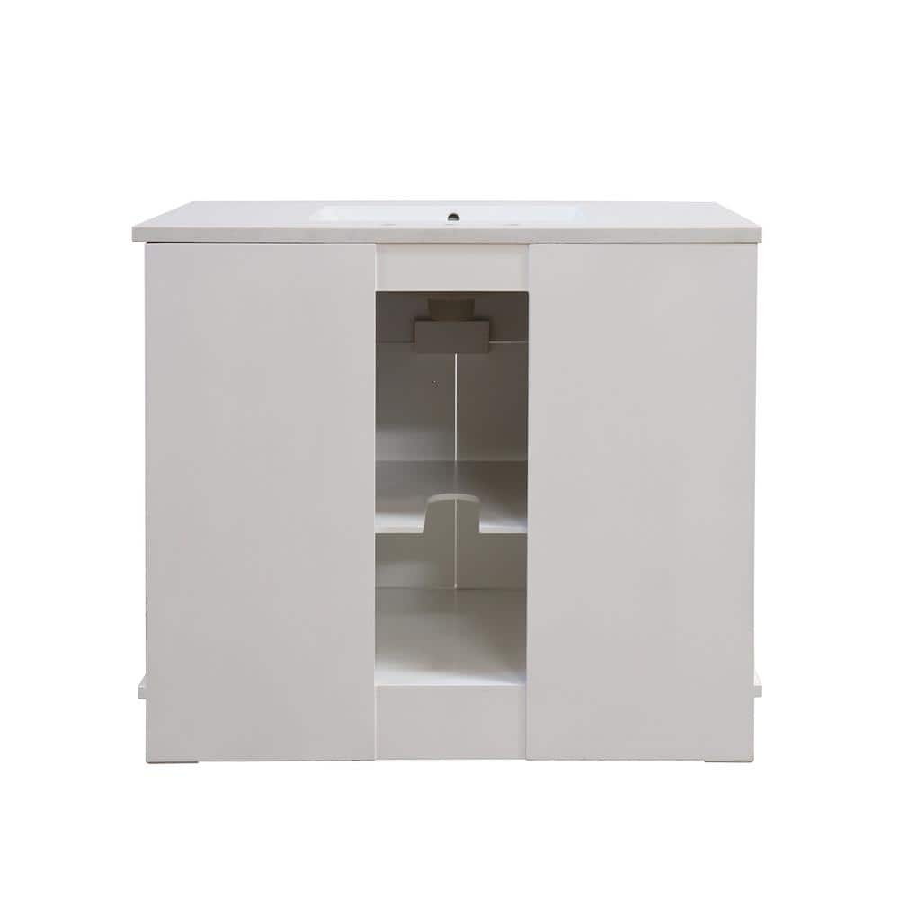 White Solid Wood Freestanding Single Sink Vanity with Quartz Top