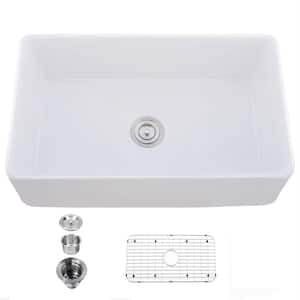 White Fireclay Farmhouse 33 in. Single Bowl Kitchen Sink with Bottom Grid and Basket Strainer