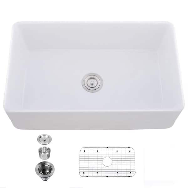 PROOX White Fireclay Farmhouse 33 in. Single Bowl Kitchen Sink with Bottom Grid and Basket Strainer