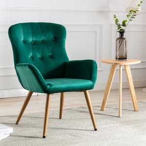 Modern Green Fabric Accent Chair Tufted Button High Back Armchair Vanity Chair Upholstered Desk Chair with Metal Legs