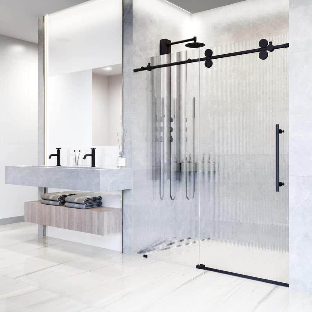 Elan Matte Black Frameless Sliding Shower Door with Fluted Glass