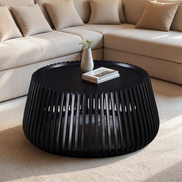 Elara 31 in. Black Round Solid Wood Drum Coffee Table