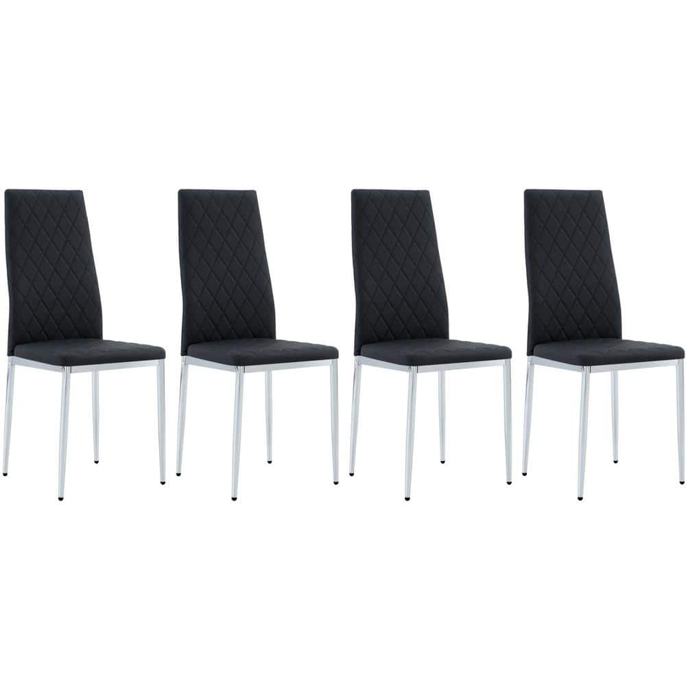 Black PU Leather Checkered Armless High Back Dining Chair with Metal Legs f