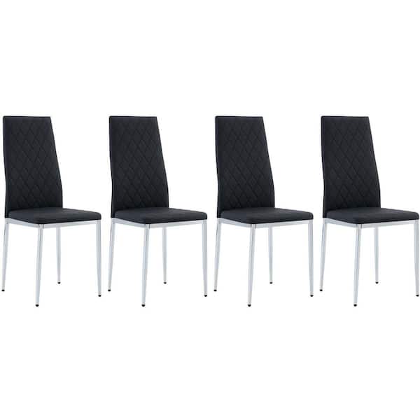 Angel Sar Black PU Leather Checkered Armless High Back Dining Chair with Metal Legs for Restaurants and Living Rooms (Set of 4)