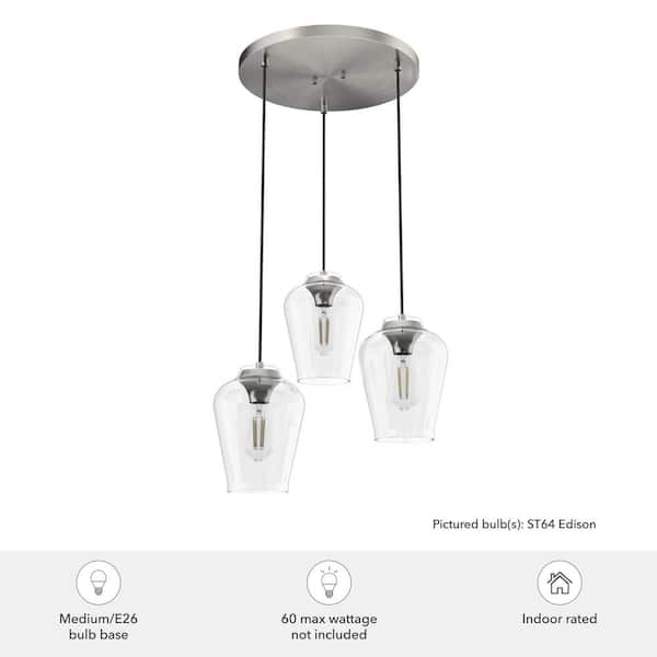Hunter Vidria 3 Light Brushed Nickel Chandelier with Clear Glass Shades Kitchen Light