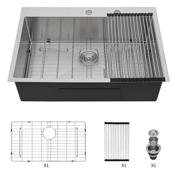 Whatseaso Brushed Nickel Stainless Steel 25 in. Single Bowl Drop-in Kitchen Sink with Stainless Steel Dish Grid