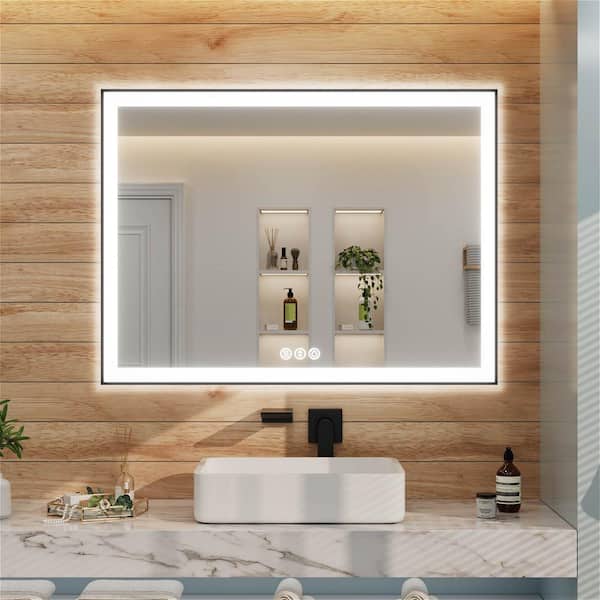 48 in. W x 36 in. H Rectangular Framed LED Light with 3-Color and Anti-Fog Wall Mount Bathroom Vanity Mirror in Black