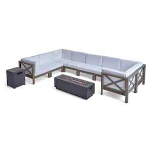 Thasos Grey 10-Piece Wood Patio Fire Pit Sectional Seating Set with White Cushions