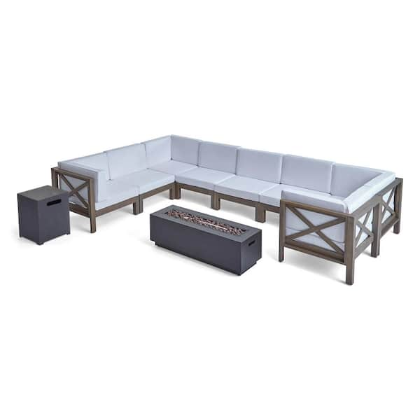 Noble House Thasos Grey 10-Piece Wood Patio Fire Pit Sectional Seating Set with White Cushions