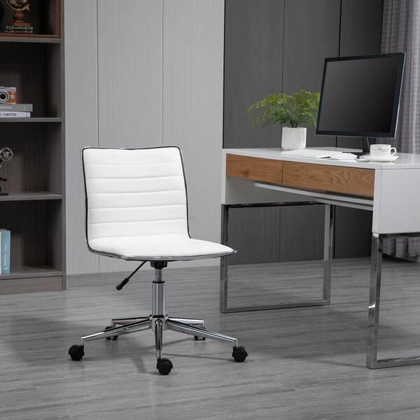 Home Office Desk Chair PU Mid Back Armless Swivel Task Chair Wheels White 