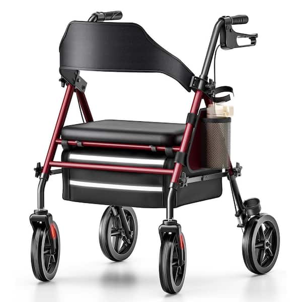 4-Wheel Rollator Walker with Seat in Burgundy, 350 lbs. Capacity, Adjustable Handles, 8 in. Wheels, Foldable Design