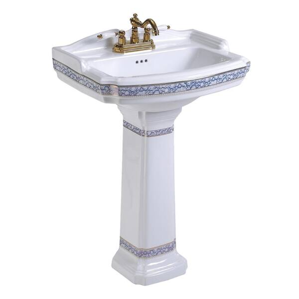 India Reserve 22-7/8 in. Pedestal Combo Bathroom Sink in White Vessel Sink Basin with Blue and Gold Design Overflow