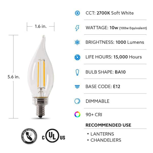 Feit Electric 100 Watt Equivalent BA10 E12 Candelabra Dimmable